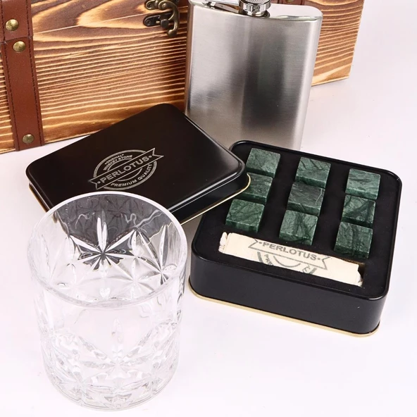 Paris Viski Bardağı 9 Adet Viski Taşı 8 Oz Cep Matarası Sandıklı Set - 5