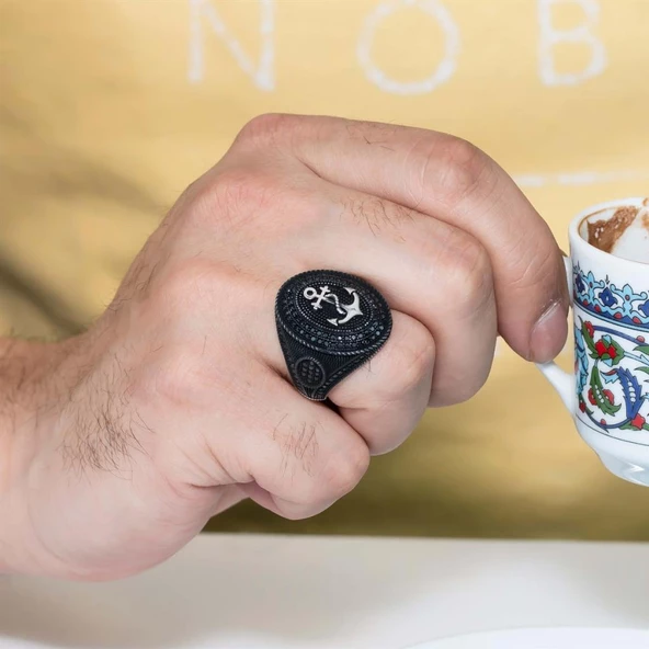 Mikro Taşlı Çapa Siyah Rodyumlu Gümüş Erkek Yüzük ürün görseli 1