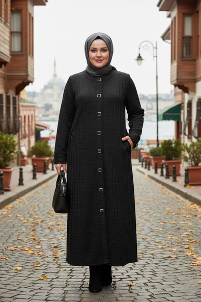 Hesna Kadın Nurel Büyük Beden Kışlık Kare Çıtçıtlı Siyah Pardesü ürün görseli 1