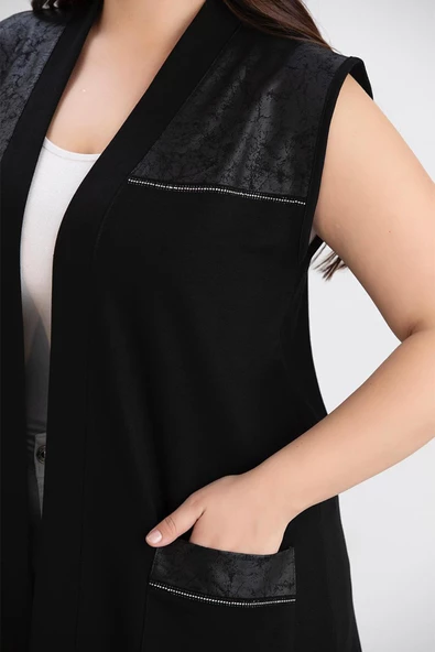 Wearon Kadın Ajda 2 İp Kristal Süs Deri ve Taşlı Cepli Siyah Yelek - 5