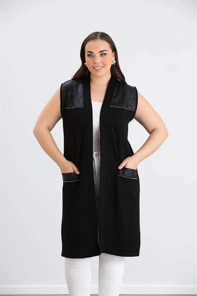 Wearon Kadın Ajda 2 İp Kristal Süs Deri ve Taşlı Cepli Siyah Yelek - 6