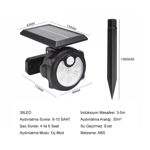 Powermaster SH-1705B 36 Ledli Sensörlü 3 Modlu Solar Güneş Enerjili İndiksiyon Duvar Lambası Bahçe Aydınlatması - 3