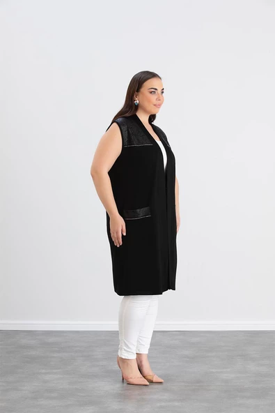 Wearon Kadın Ajda 2 İp Kristal Süs Deri ve Taşlı Cepli Siyah Yelek - 3