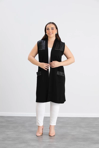 Wearon Kadın Ajda 2 İp Kristal Süs Deri ve Taşlı Cepli Siyah Yelek - 4