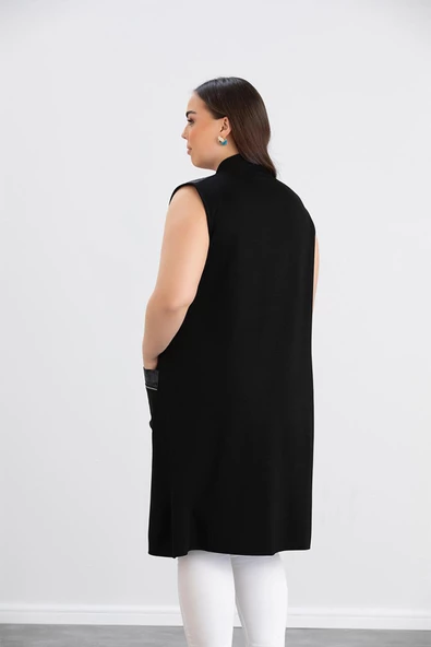 Wearon Kadın Ajda 2 İp Kristal Süs Deri ve Taşlı Cepli Siyah Yelek - 8