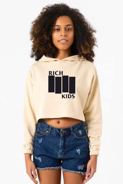 G-Dragon Rich Kids Bej Kadın Crop Kapşonlu