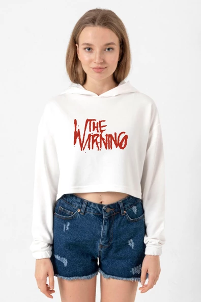 The Warning Logo Ekru Kadın Crop Kapşonlu