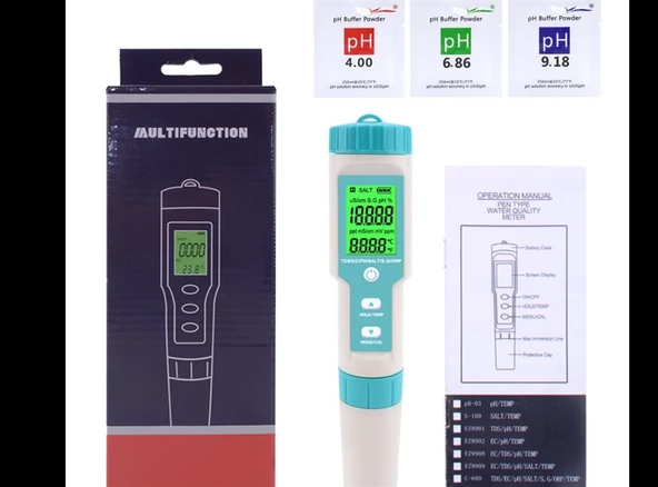 7in1 C-600 Su Kalitesi Monitörü pH, TDS, EC, Tuzluluk ve Sıcaklık Ölçer Cihaz - 4