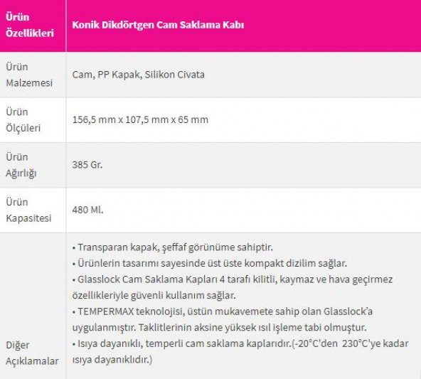 GLASSLOCK KONİK DİKDÖRTGEN CAM SAKLAMA KABI (480 ML) D-MCRT048 - 2