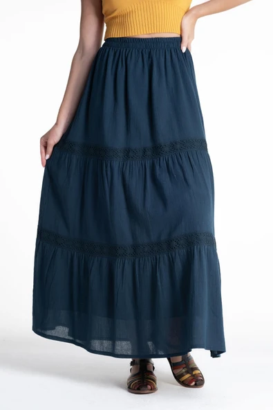 Uzun Şile Bezi Dantelli Yazlık Etek Petrol Ptrl S/M Petrol