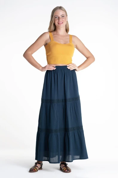 Uzun Şile Bezi Dantelli Yazlık Etek Petrol Ptrl S/M Petrol - 5