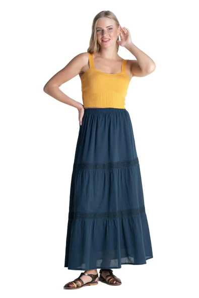 Uzun Şile Bezi Dantelli Yazlık Etek Petrol Ptrl S/M Petrol - 7