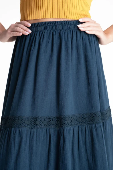 Uzun Şile Bezi Dantelli Yazlık Etek Petrol Ptrl S/M Petrol - 4