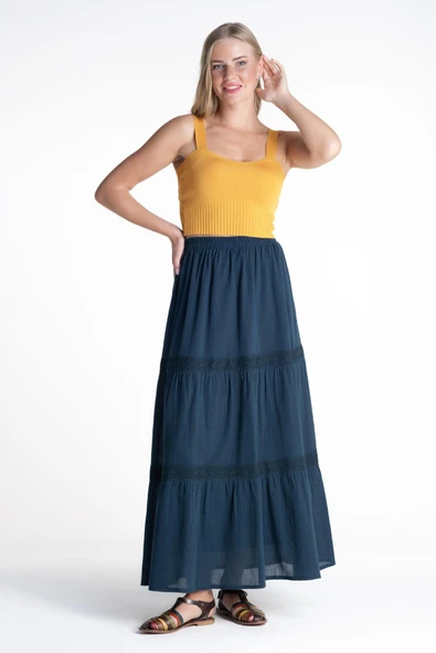 Uzun Şile Bezi Dantelli Yazlık Etek Petrol Ptrl S/M Petrol - 2