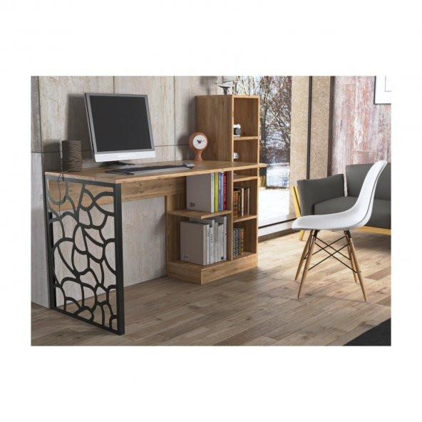 Woodn Love Elektra Kitaplıklı Metal Ayaklı Çalışma Masası - Atlantik Çam  / Siyah - 9