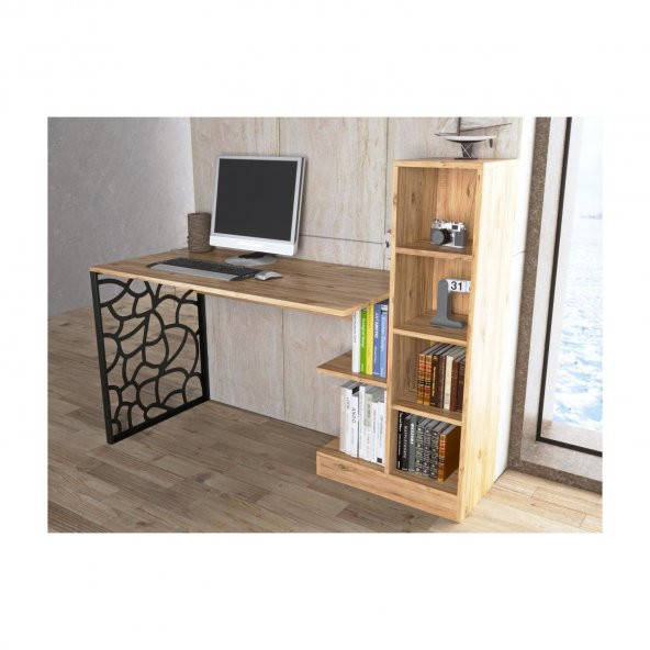 Woodn Love Elektra Kitaplıklı Metal Ayaklı Çalışma Masası - Atlantik Çam  / Siyah - 10