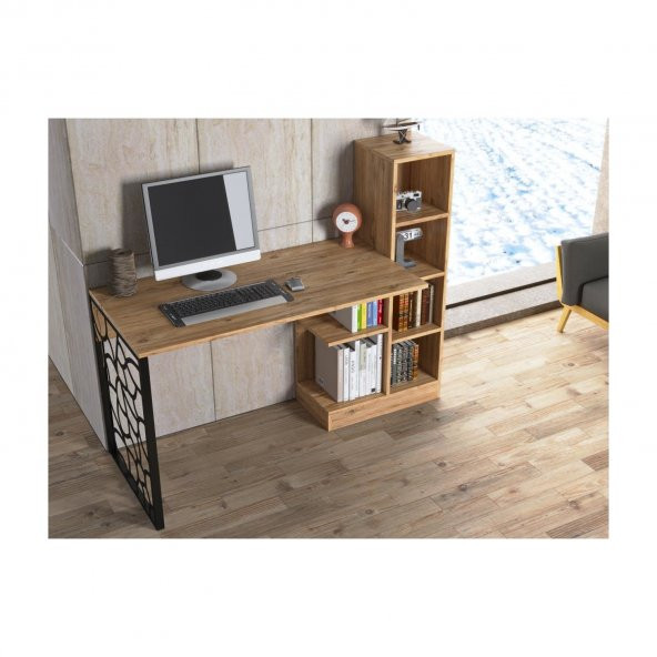 Woodn Love Elektra Kitaplıklı Metal Ayaklı Çalışma Masası - Atlantik Çam  / Siyah - 11