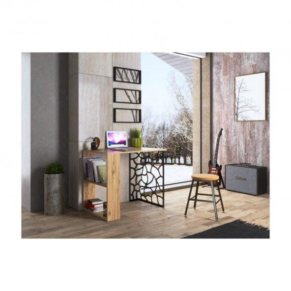 Woodn Love Asya 2 Raflı Metal Ayaklı Çalışma Masası - Atlantik Çam / Siyah - 2