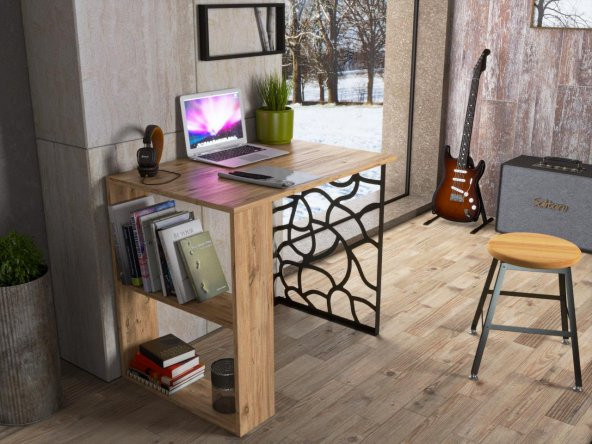 Woodn Love Asya 2 Raflı Metal Ayaklı Çalışma Masası - Atlantik Çam / Siyah - 6