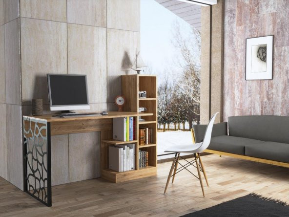 Woodn Love Elektra Kitaplıklı Metal Ayaklı Çalışma Masası - Atlantik Çam  / Siyah - 4