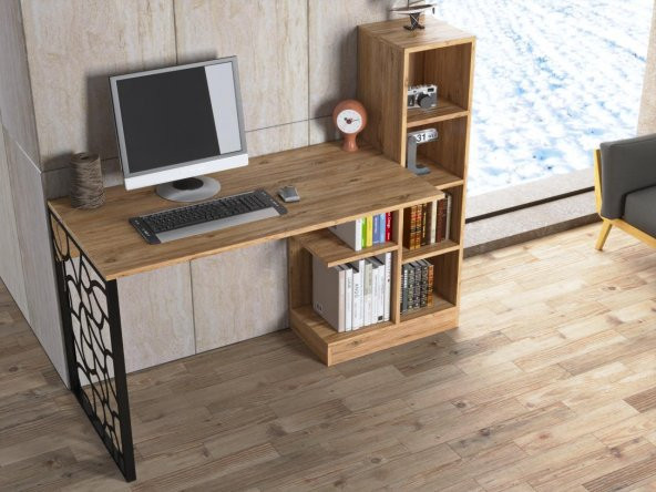 Woodn Love Elektra Kitaplıklı Metal Ayaklı Çalışma Masası - Atlantik Çam  / Siyah - 7