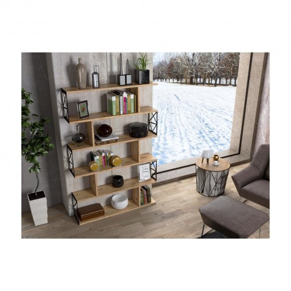 Woodn Love Zambak 5 Raflı Altıgen Desen Kitaplık - Atlantik Çam / Siyah - 10