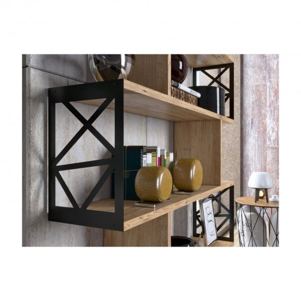 Woodn Love Zambak 5 Raflı Altıgen Desen Kitaplık - Atlantik Çam / Siyah - 11
