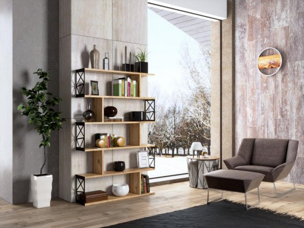 Woodn Love Zambak 5 Raflı Altıgen Desen Kitaplık - Atlantik Çam / Siyah - 3