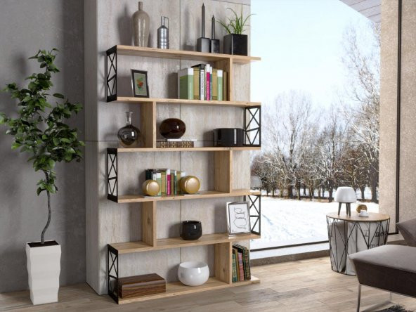 Woodn Love Zambak 5 Raflı Altıgen Desen Kitaplık - Atlantik Çam / Siyah - 4