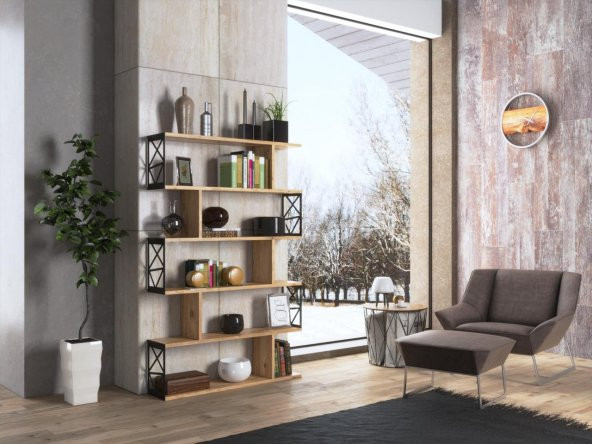 Woodn Love Zambak 5 Raflı Altıgen Desen Kitaplık - Atlantik Çam / Siyah - 5