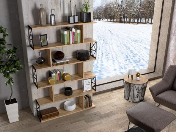 Woodn Love Zambak 5 Raflı Altıgen Desen Kitaplık - Atlantik Çam / Siyah - 6