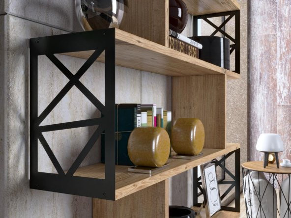 Woodn Love Zambak 5 Raflı Altıgen Desen Kitaplık - Atlantik Çam / Siyah - 7