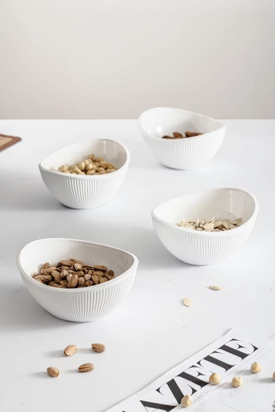 Akrilik Barok Beyaz Oval 4'lü Küçük Kase Seti & Çerezlik & Sunumluk & İkramlık (Cam Değildir) - 2