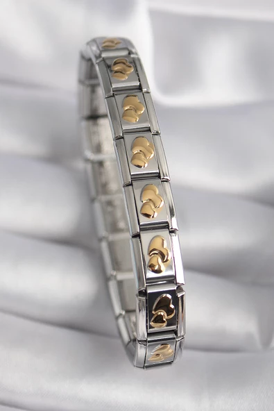 316L Çelik Gümüş Renk Gold Kalp İşleme Nomination Model Kadın Bileklik