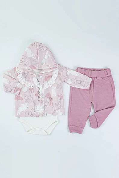 Tavşan Desenli Dantel Yakalı Yelekli Zıbın Kapşonlu Uzun Kol Pamuklu Kız Bebek 3'lü Takım Alt Üst - 3