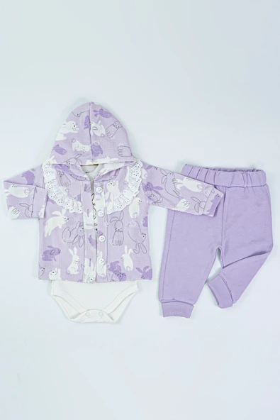 Tavşan Desenli Dantel Yakalı Yelekli Zıbın Kapşonlu Uzun Kol Pamuklu Kız Bebek 3'lü Takım Alt Üst - 2