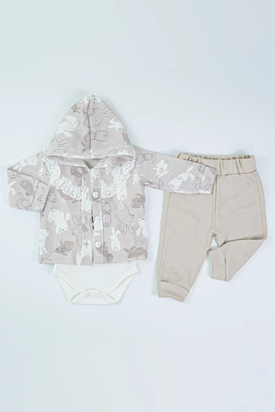 Tavşan Desenli Dantel Yakalı Yelekli Zıbın Kapşonlu Uzun Kol Pamuklu Kız Bebek 3'lü Takım Alt Üst