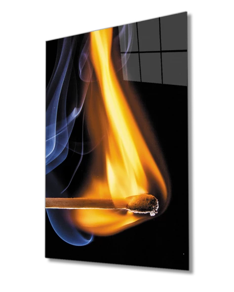 Sarı Mavi  Ateş Yanan Kibrit Dekoratif ve Modern Cam Tablo