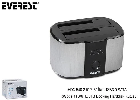 Everest HD3-540 2.5/3.5 İkili USB3.0 SATA III 6Gbps 4TB/6TB/8TB Docking Harddisk Kutusu - 5