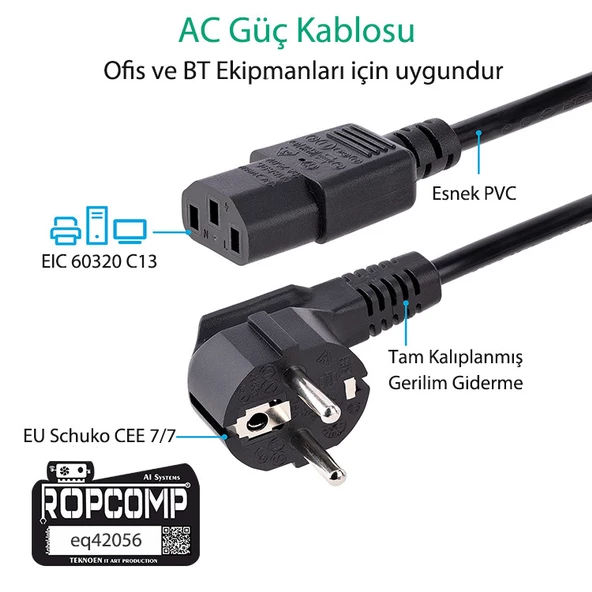 Ropcomp Bilgisayar Power ve Monitör Kablosu 3X0.75mm 1.5m - 2