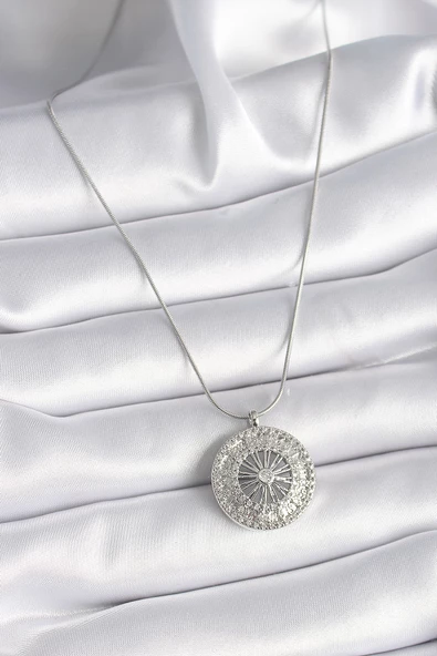 316L Çelik Gümüş Renk Zirkon Taşlı 12 Burç Madalyon Model Kadın Kolye - TJ-BKO9541 - Resim 2