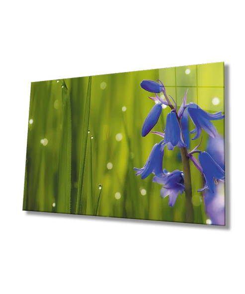 Mavi Çiçek Yeşil Dekoratif ve Modern Cam Tablo   Blue Flower Green ürün görseli
