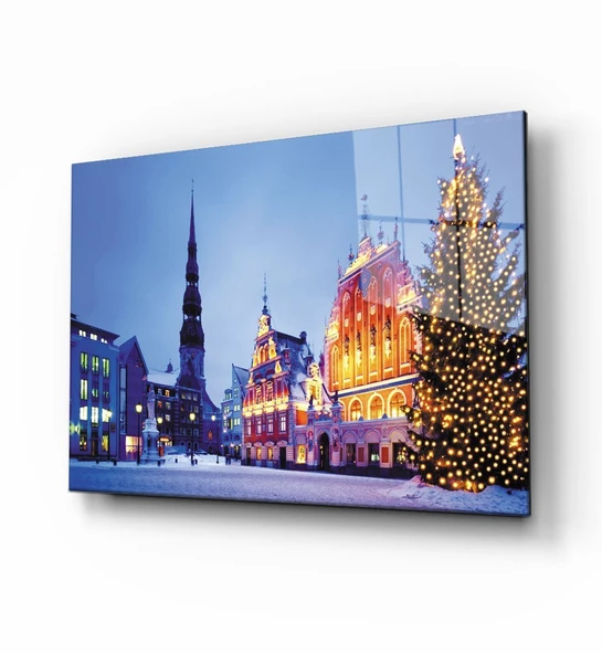 Noel  Ağaçlı Sokak Dekoratif ve Modern Cam Tablo ürün görseli