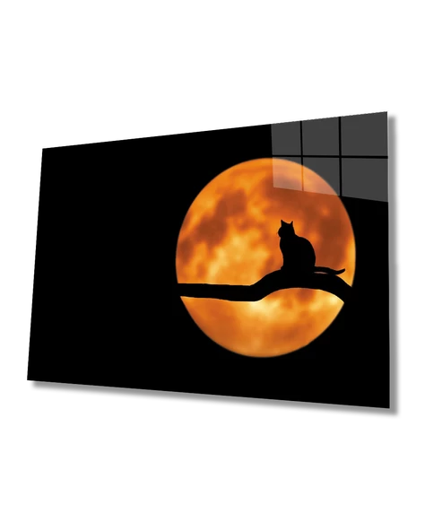 Dolunayda Kedi  Dekoratif ve Modern Cam Tablo ürün görseli