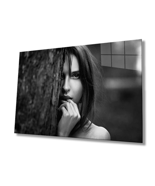 Siyah Beyaz İnsan Fotoğrafları Kadın Dekoratif ve Modern Cam Tablo