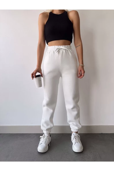 Basic Lastikli Eşofman Pantolon - Beyaz
