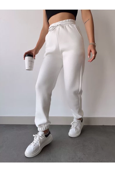 Basic Lastikli Eşofman Pantolon - Beyaz - 5