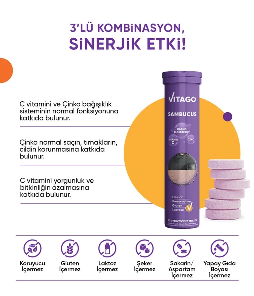 Vitago Sambucus Vitamin C,Çinko 20li Efervesan Tablet - 2