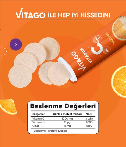 Vitago C Vitamini, D Vitamini, Çinko İçeren 20li Efervesan Tablet - 3