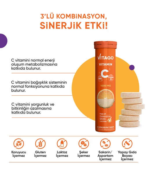 Vitago C Vitamini, D Vitamini, Çinko İçeren 20li Efervesan Tablet - 2